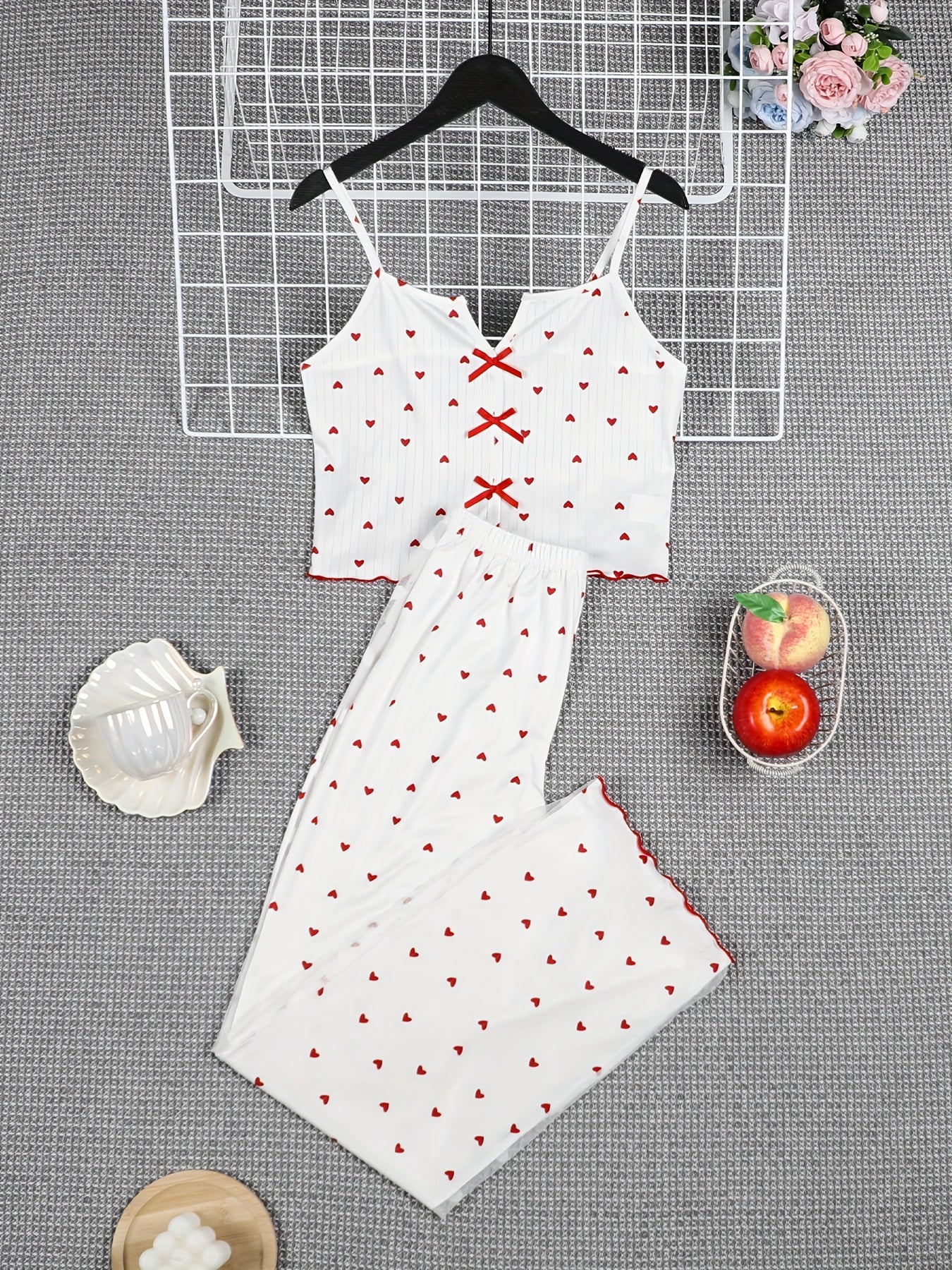 Women'S Pajama Set with Sexy Bow, Backless Love Letter Print & Elegant Long Pants, Comfortable Homewear for Spring/Summer/Fall - Polyester, No Collar, No Belt